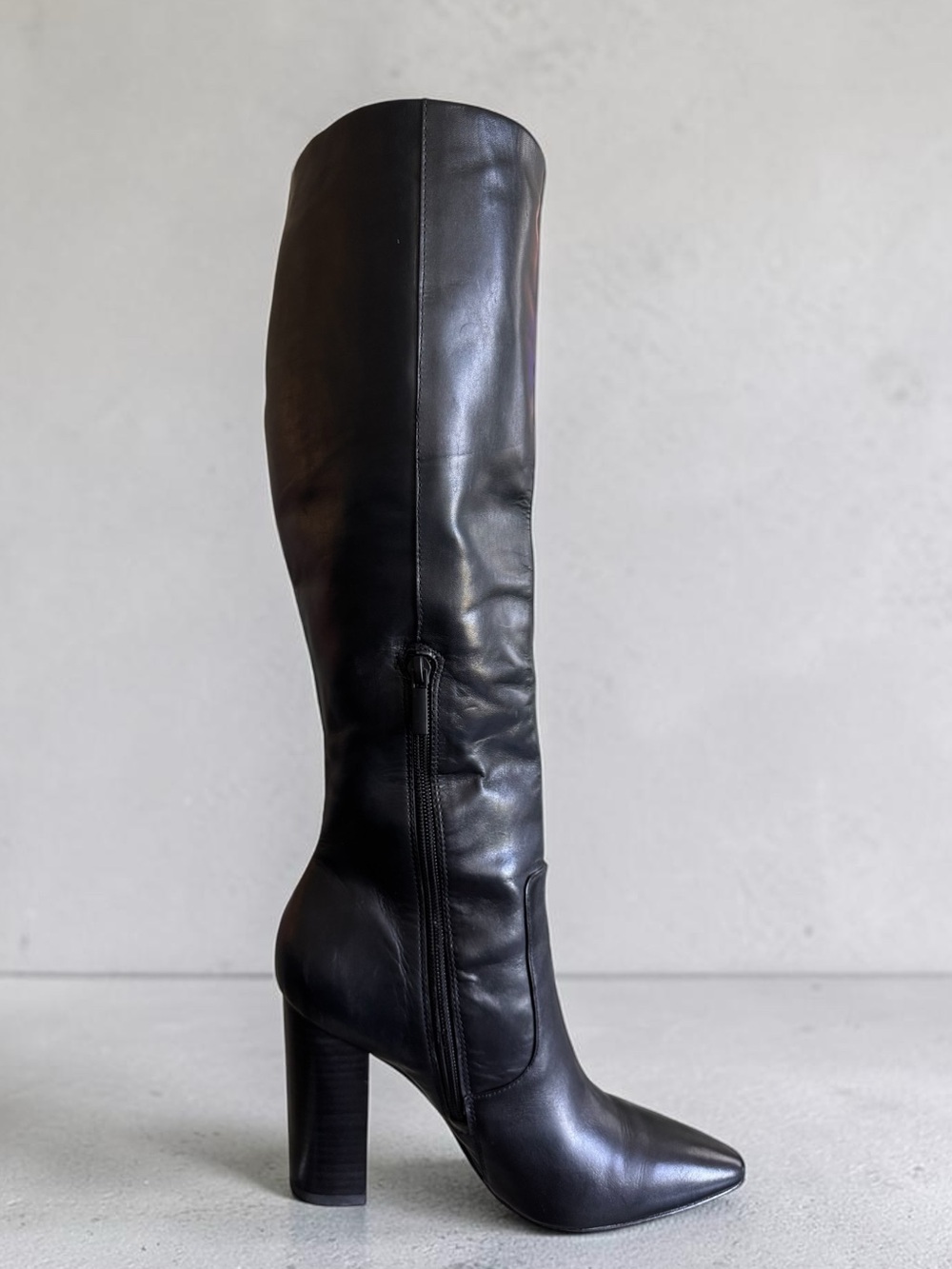 Pour La Victoire Black Leather Lorelle1 Tall Knee High Heeled Boots Sz 8.5